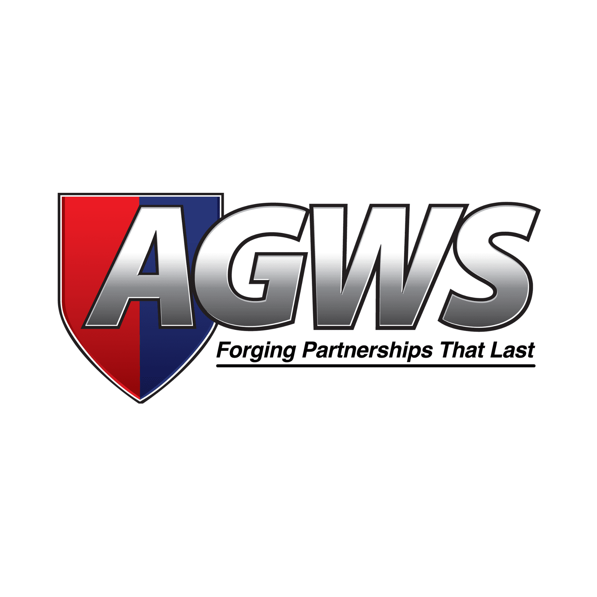 Untitled design (2) Logo consisting of the letters AGWS in bold, metallic font overlaid on a shield divided into red and blue sections.