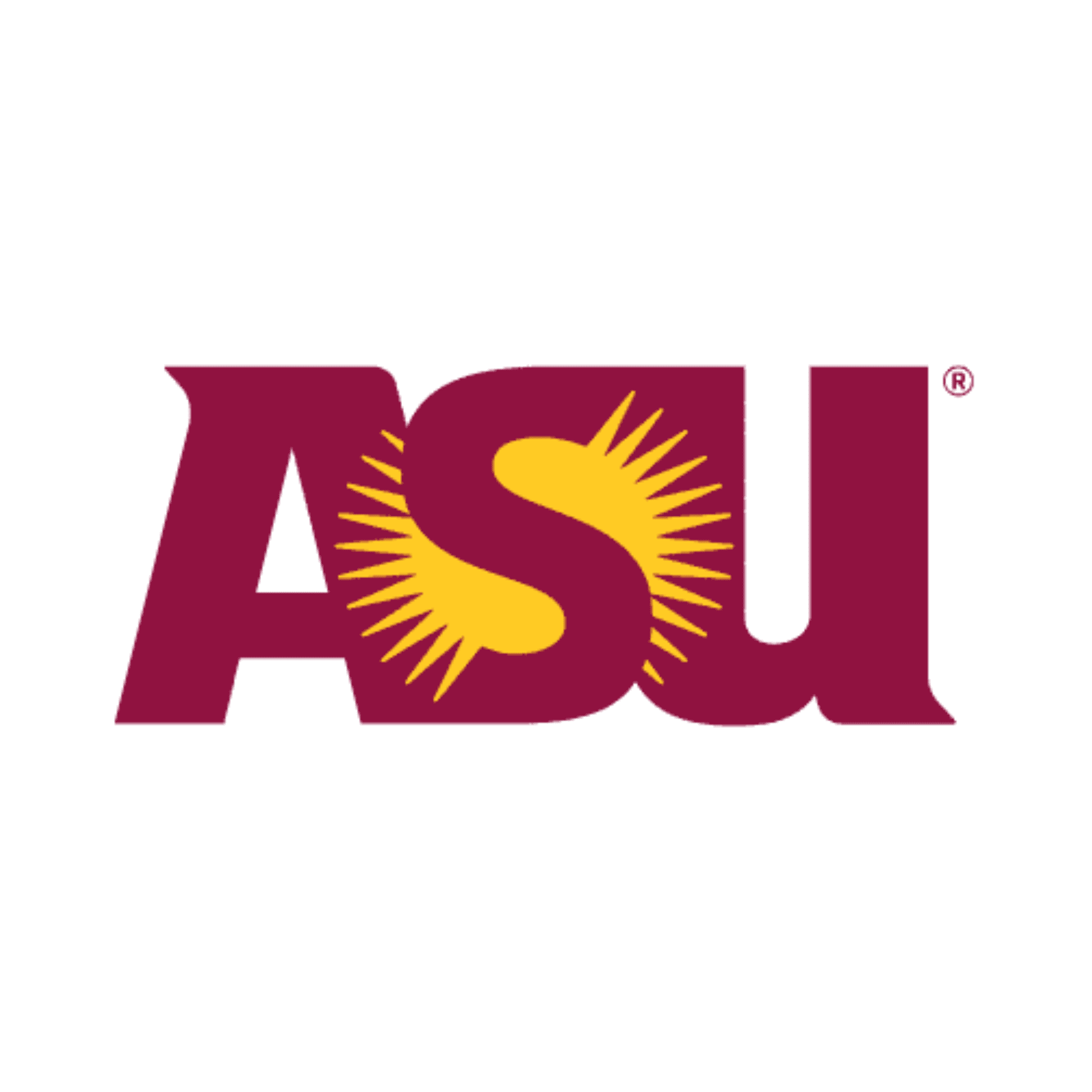Untitled design (2) The image shows the logo of Arizona State University (ASU), with the letters "ASU" in bold maroon font and a golden sunburst integrated into the letter "S.