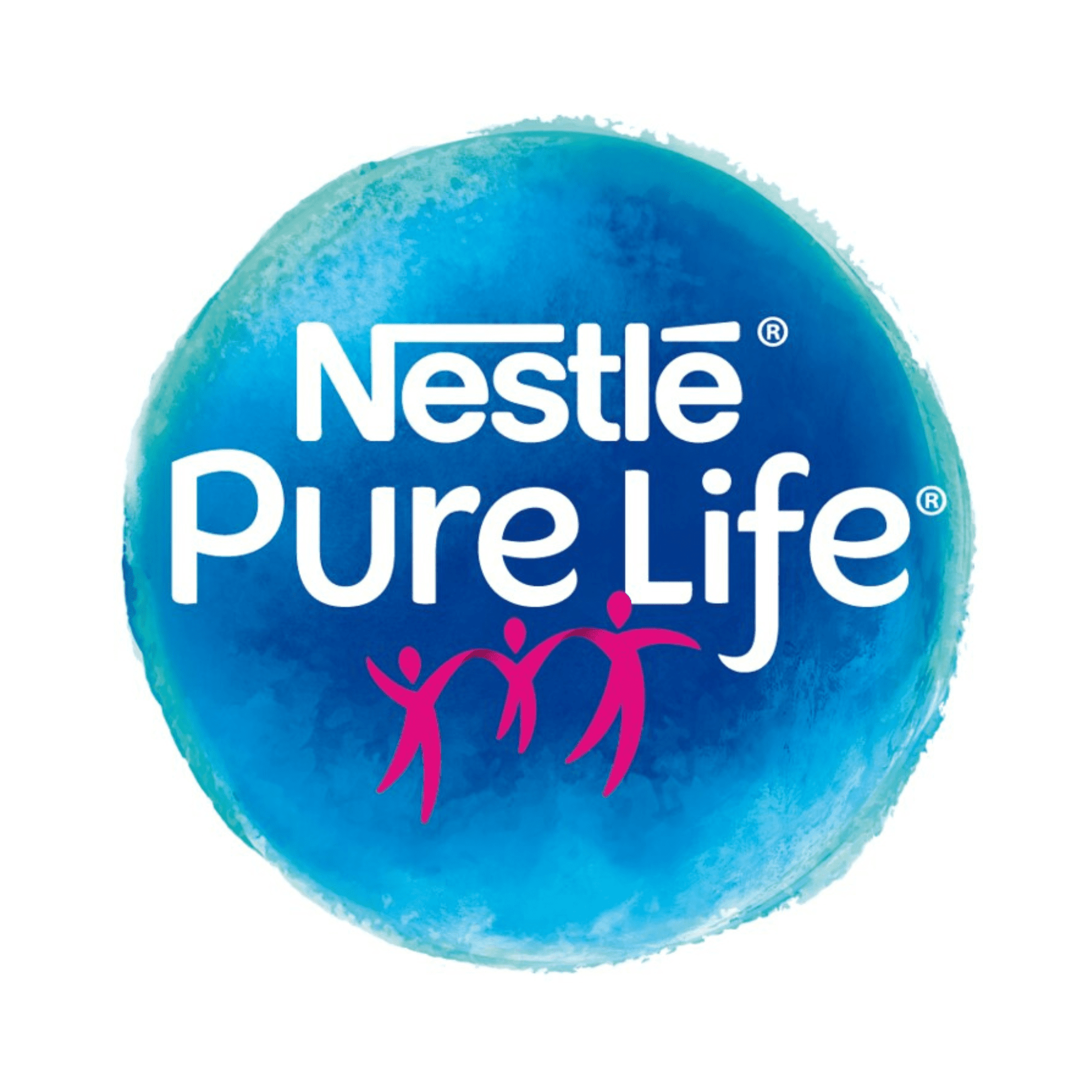 Untitled design (2) Logo of Nestlé Pure Life featuring a blue circle with "Nestlé Pure Life" text and three pink human figures holding hands underneath.