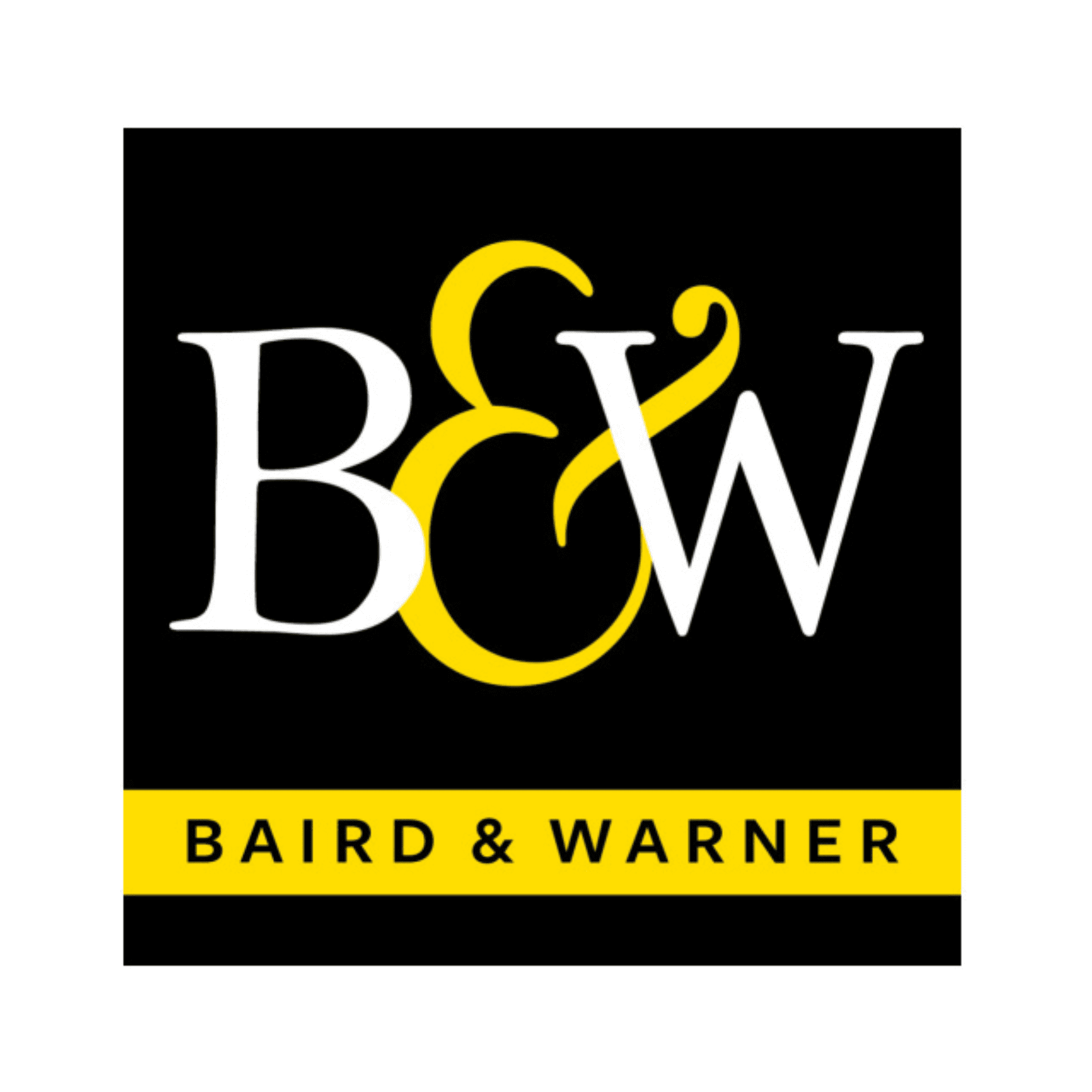 Untitled design (2) copy Logo for Baird & Warner, featuring "B&W" in large white letters with a yellow ampersand, on a black square background and "BAIRD & WARNER" on a yellow strip below.